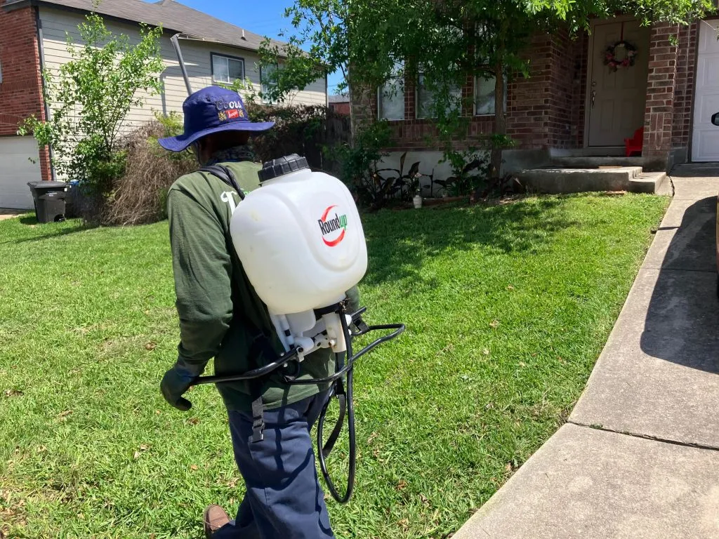Texas Terrain Lawn Care's Employee doing weed control